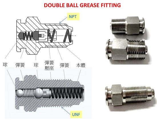 Teamco Provides Double Ball Grease Fitting in NPT and UNF Thread Types.