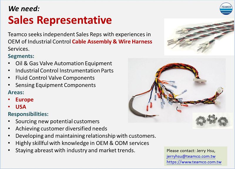 Teamco está à procura de representante de vendas para montagem de cabos e chicotes de fios.