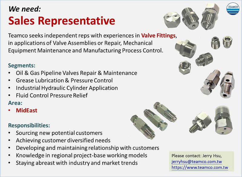 Teamco recherche un représentant des ventes pour des raccords de valve dans la région du Moyen-Orient.