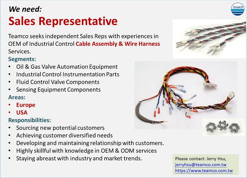 Teamco is op zoek naar een verkoopvertegenwoordiger voor kabelassemblage en draadharnassen.