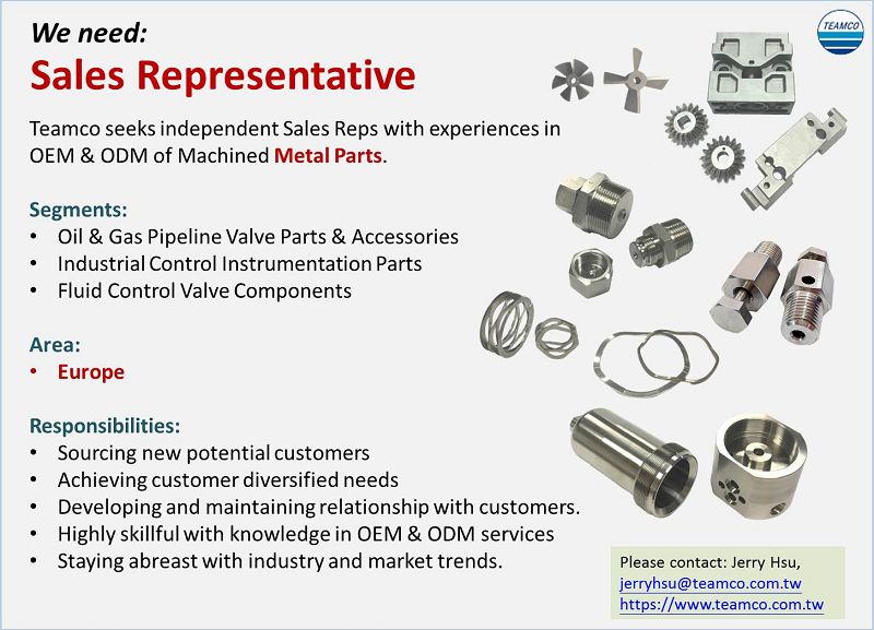Teamco is looking for Sales Representative for Machined Metal Parts.