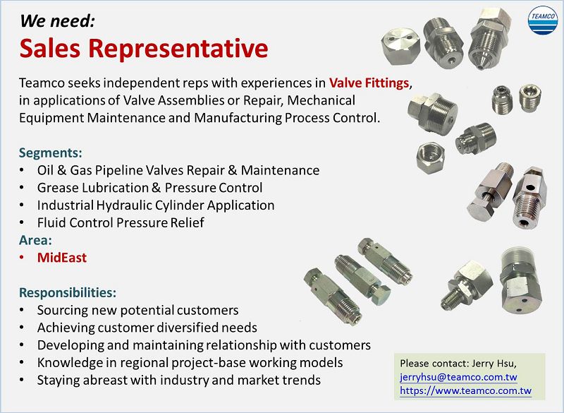 Teamco letar efter försäljningsrepresentant för ventilkopplingar i Mellanöstern.